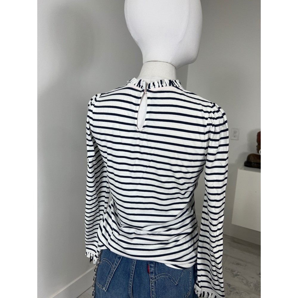 BODEN Navy Striped Long Sleeve Tee Ruffled Collar and Cuffs 100% Cotton - Picture 4 of 7